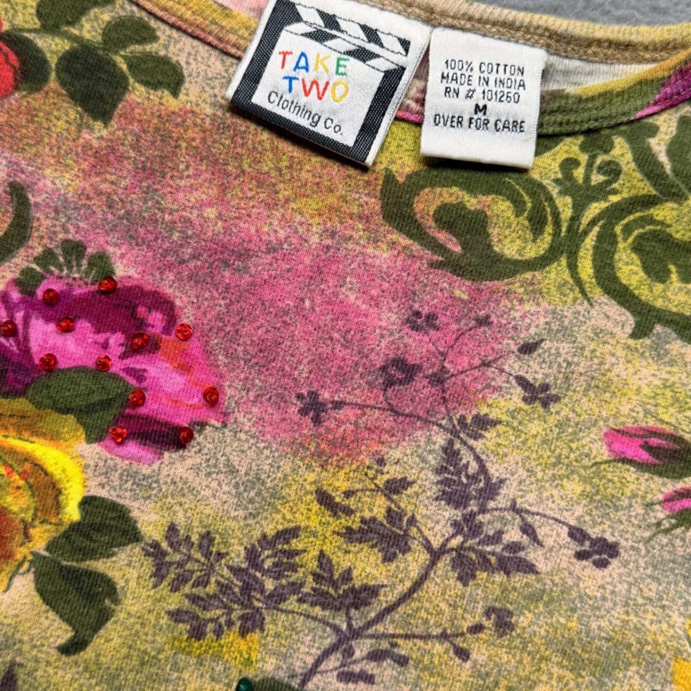 Take Two Clothing Co Womens Floral Beaded Cotton Long Sleeve Top Boho Grandma M - Picture 5 of 7